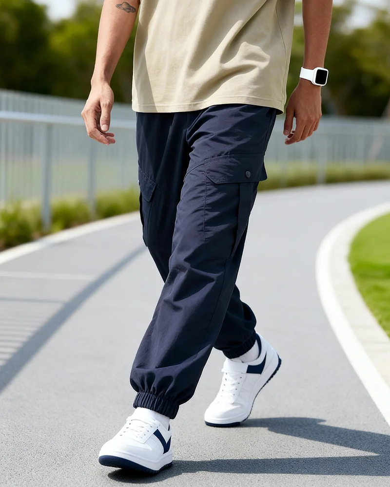 bewakoof Men's Navy Blue Super Loose Fit Nylon Cargo Jogger Pants